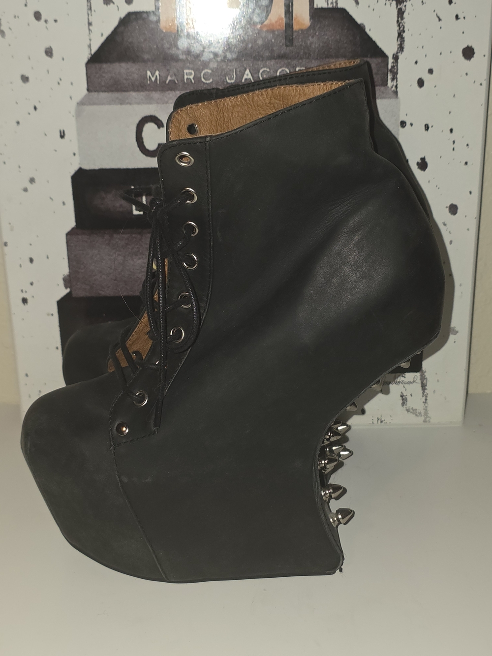 Jeffrey Campbell "NGT-LITA" Black Leather Studded Platform Lace-Up Gravity Wedge - Picture 7 of 9